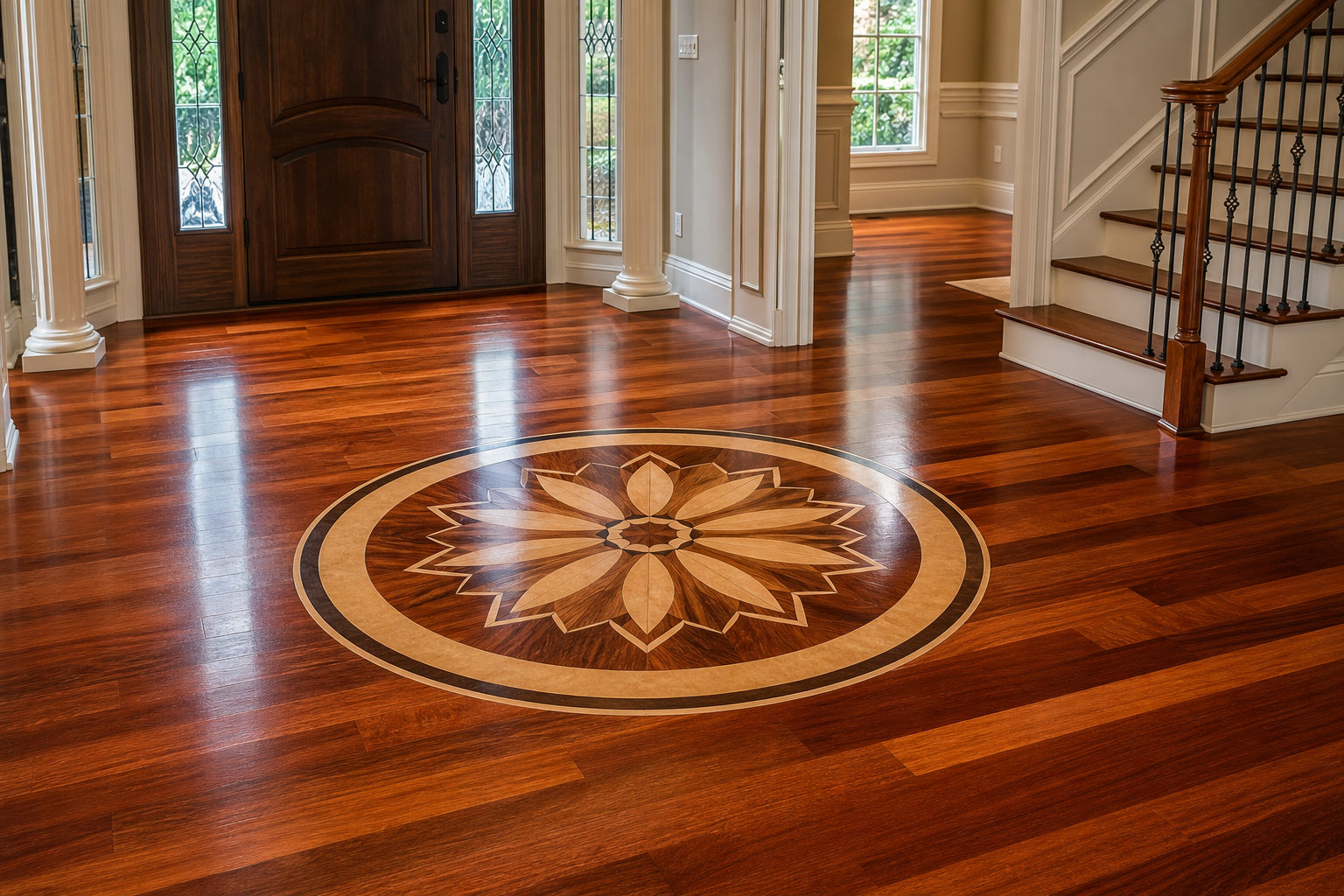 Brazilian cherry hardwood floor with medallion inlay